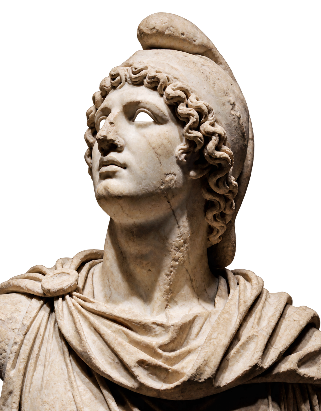 Marble bust of a youth wearing a Phrygian cap, looking upward